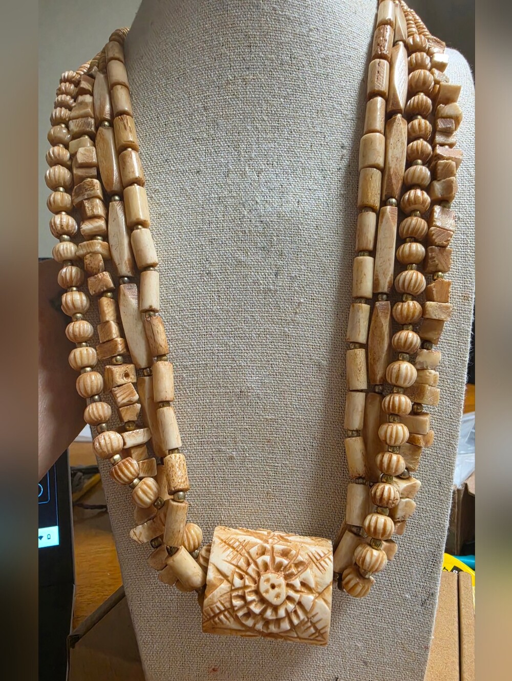Vintage Hand-Carved Ox Bone 4 Strand Ethnic Boho Statement Necklace